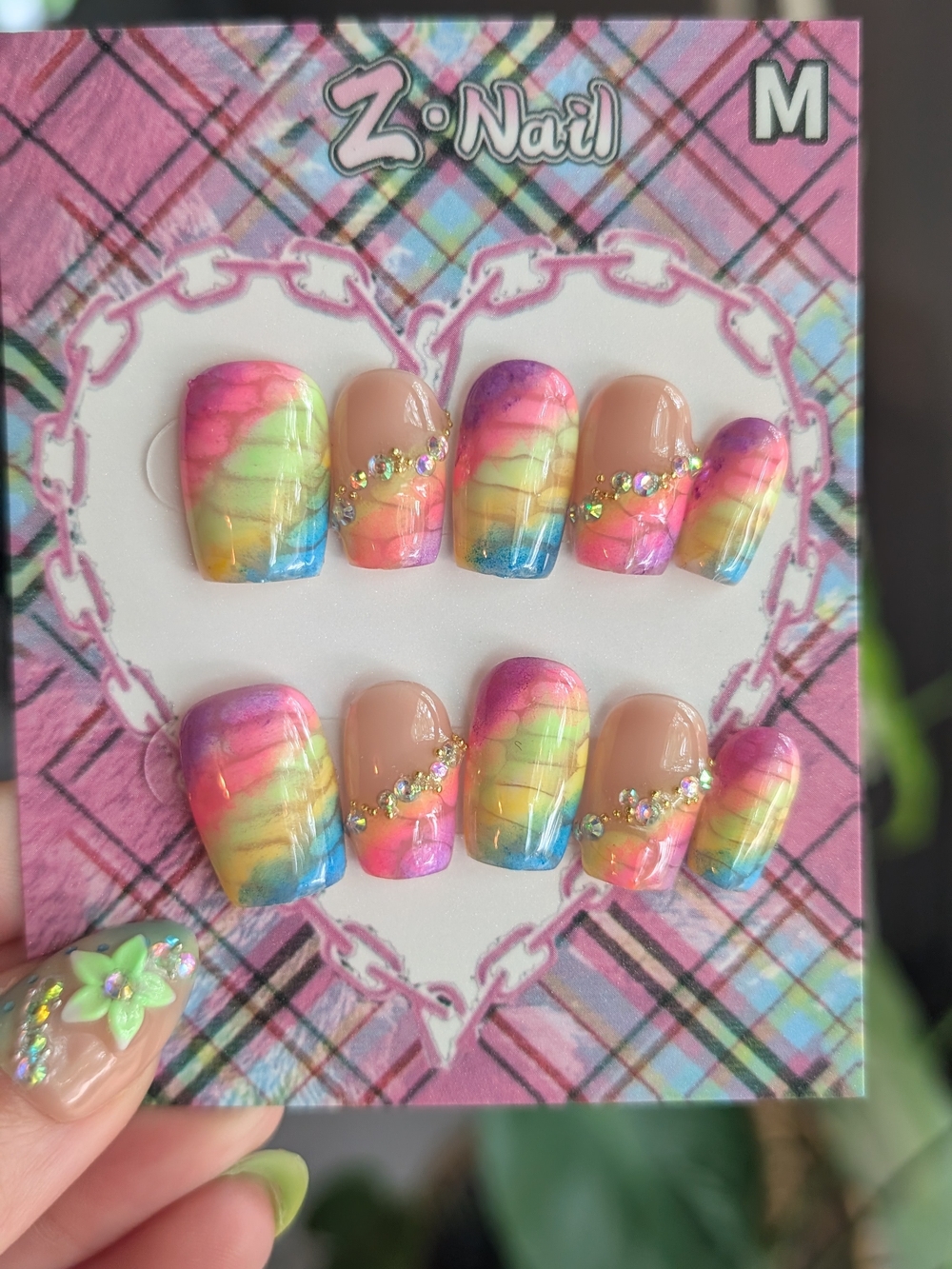 Rainbow Ombre Press-On Nails with Rhinestones - Medium 2.0 Square